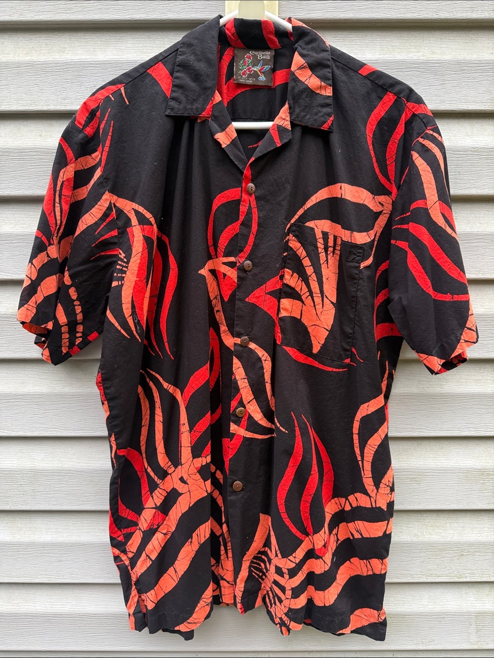 Caribelle Batik Mens 100% Cotton Short Sleeve Button Down Shirt Black Red Medium